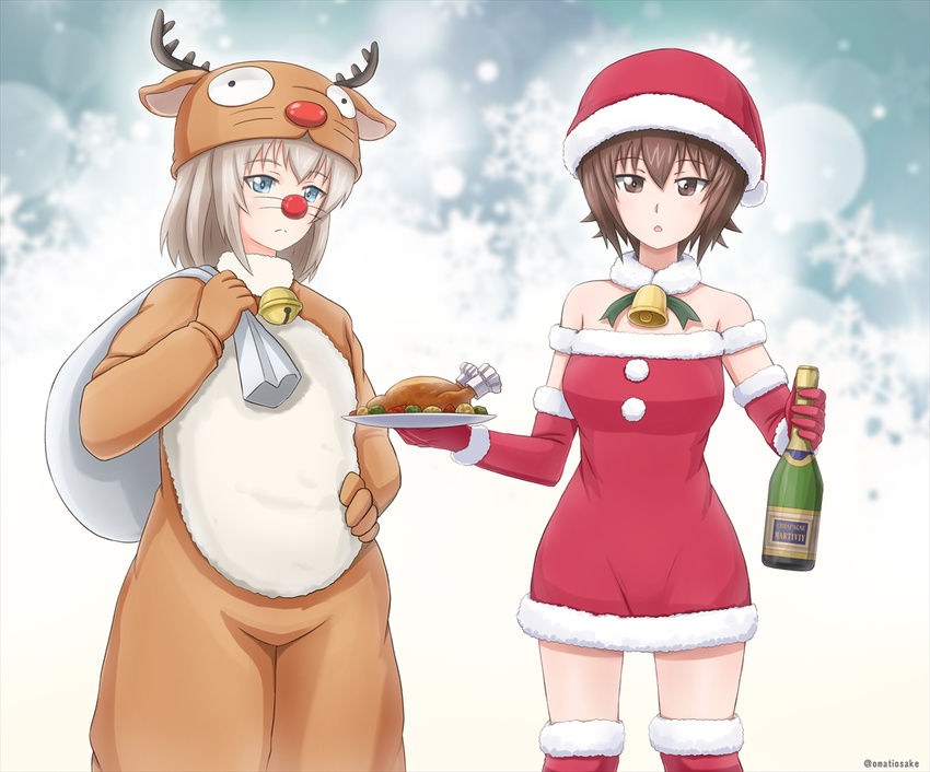 alcohol animal_costume bag bangs bare_shoulders bell blue_eyes boots brown_eyes brown_hair carrying champagne champagne_bottle chicken_(food) christmas closed_mouth commentary cowboy_shot detached_collar dress elbow_gloves eyebrows_visible_through_hair food fur_collar girls_und_panzer gloves hand_on_hip hat holding itsumi_erika jingle_bell light_frown long_hair looking_at_viewer multiple_girls nishizumi_maho omachi_(slabco) oversized_object parted_lips plate red_dress red_footwear red_gloves red_hat red_nose reindeer_costume santa_costume santa_hat short_dress short_hair silver_hair snowflake_background strapless strapless_dress thigh_boots thighhighs
