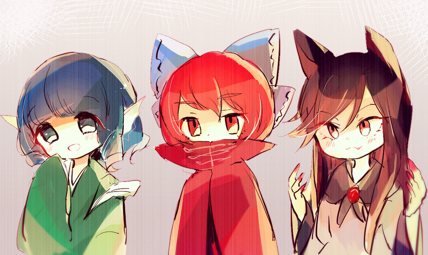 animal_ears bad_id bad_pixiv_id banned_artist blue_eyes blue_hair bow brown_hair covered_mouth fang_out green_kimono hair_bow head_fins imaizumi_kagerou japanese_clothes kimono lineup long_hair looking_at_viewer multiple_girls nail_polish red_eyes red_hair red_nails sekibanki sleeves_past_wrists touhou towako_(10wk0) upper_body wakasagihime wide_sleeves wolf_ears