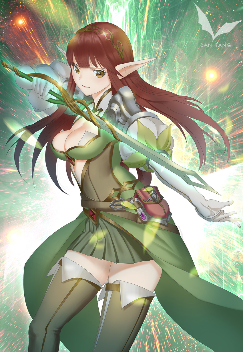 artist_name ban_yang breasts brown_eyes brown_hair brown_legwear cleavage elf gloves green_skirt highres holding holding_sword holding_weapon medium_breasts original pointy_ears pouch skirt solo standing sword thighhighs vial watermark weapon white_gloves