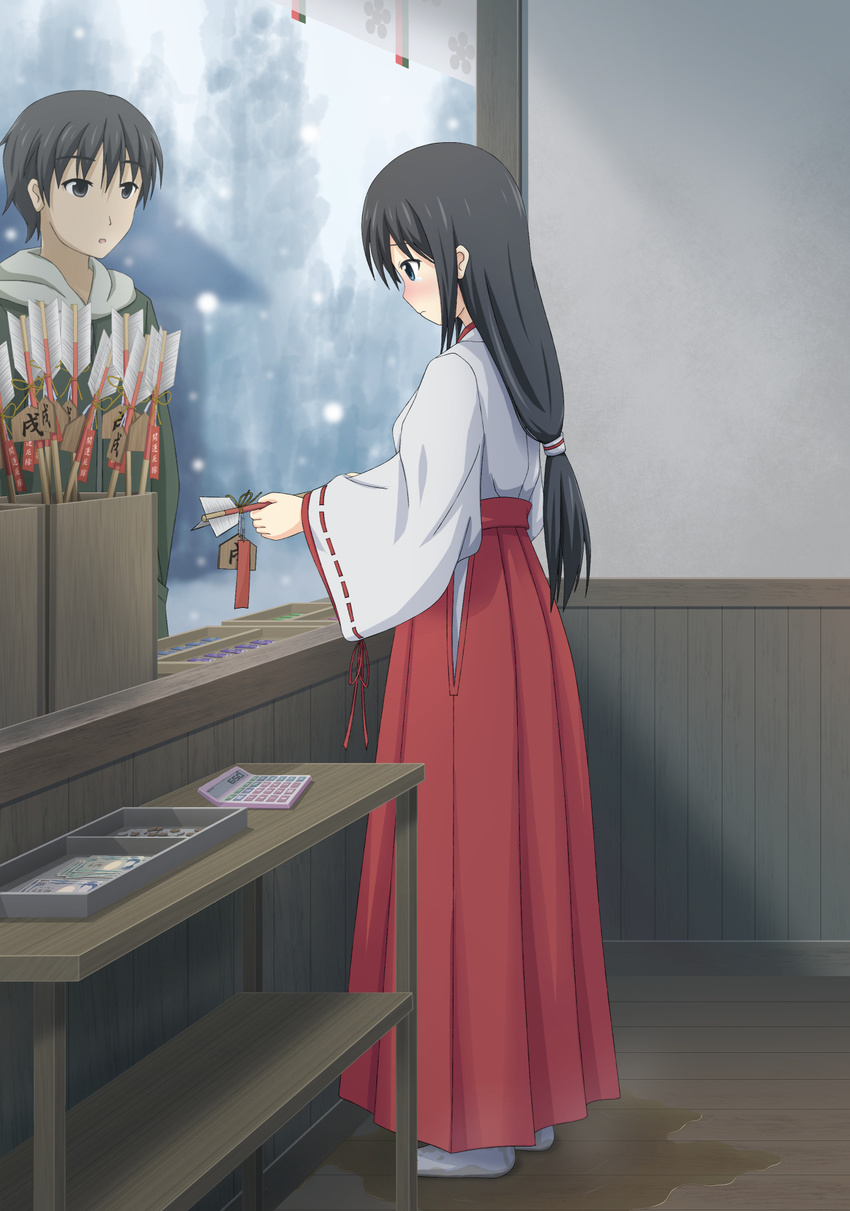 1boy 1girl arrow_(weapon) artist_request black_eyes black_hair blue_eyes blush calculator embarrassed eyebrows_visible_through_hair from_side full_body green_hoodie hakama hands_up highres holding hoodie indoors japanese_clothes kimono long_hair long_sleeves matching_hair/eyes miko money open_mouth original peeing_self puddle red_hakama ribbon-trimmed_sleeves ribbon_trim short_hair snow snowing socks standing steam tears wet_clothes white_kimono white_legwear
