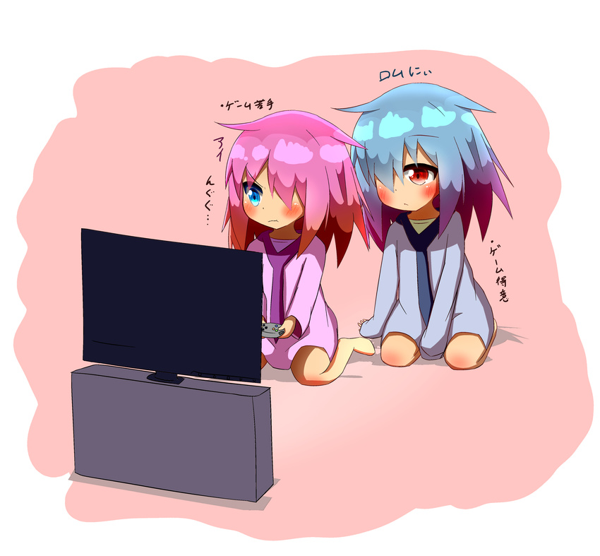 1girl :&lt; :t absurdres ai_(idaten93) barefoot blue_eyes blue_hair blush closed_mouth commentary_request controller dress flat_screen_tv game_controller gradient_hair grey_dress hair_over_one_eye highres idaten93 long_hair long_sleeves multicolored_hair orange_hair original pajamas pink_background pink_dress pink_hair playing_games purple_hair red_eyes rom_(idaten93) seiza sitting sleeves_past_wrists television translation_request two-tone_background wariza wavy_mouth white_background