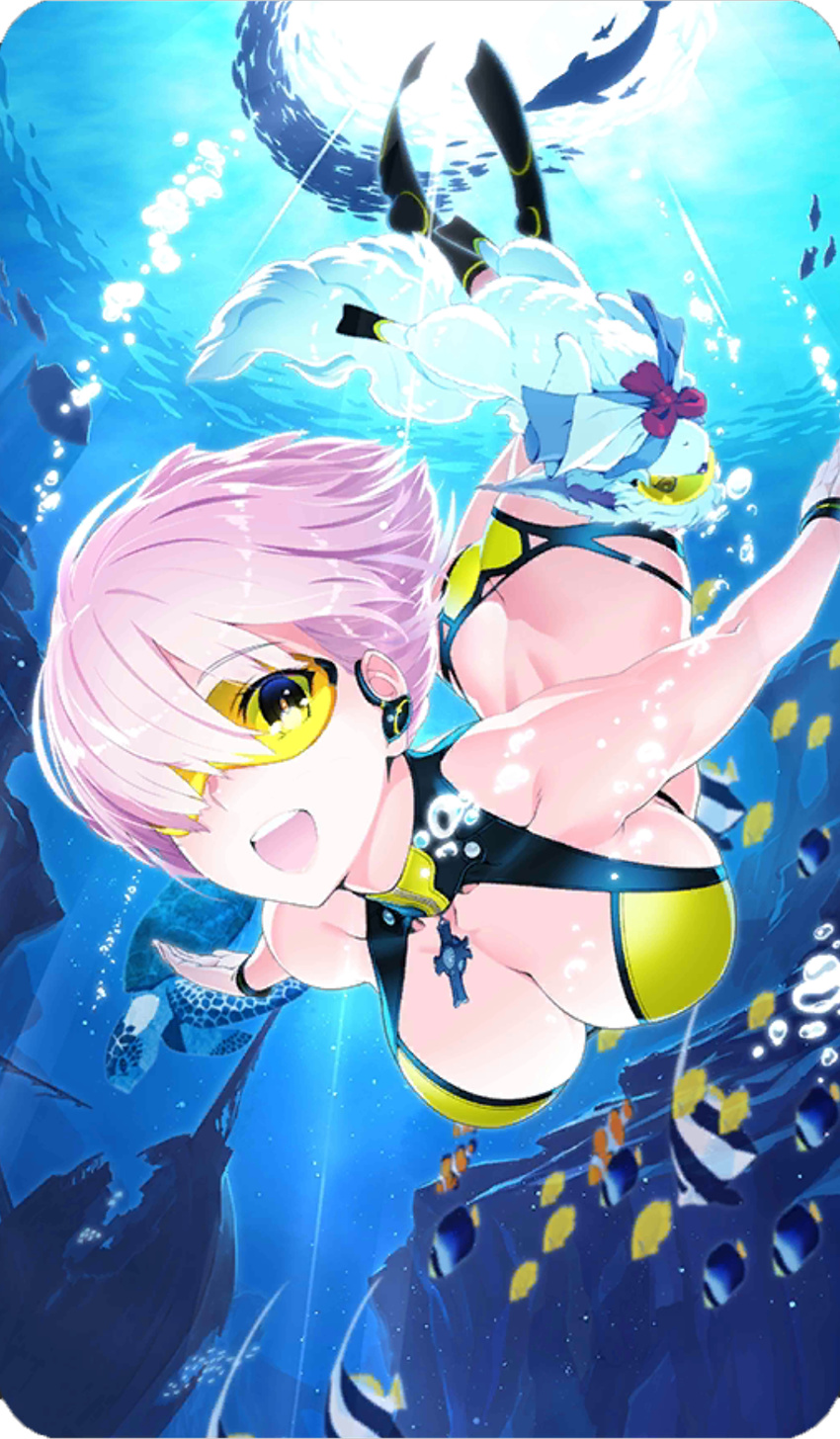ass ass_cutout bikini black_footwear black_wristband blue_capelet breasts bubble butt_crack capelet cleavage cleavage_cutout craft_essence cravat creature cross cross_necklace dive_to_blue diving dolphin fate/grand_order fate_(series) fish fou_(fate/grand_order) halter_top halterneck highres jewelry jpeg_artifacts large_breasts lavender_hair mash_kyrielight necklace official_art open_mouth red_neckwear resized shaka_p ship smile striped_wristband swimming swimsuit underwater upscaled watercraft wristband yellow-framed_eyewear yellow_bikini zipper