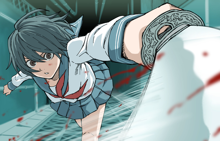 bad_id bad_pixiv_id black_hair blood brown_eyes foreshortening highres katana looking_at_viewer miniskirt original outstretched_arms parted_lips perspective pleated_skirt running school_uniform serafuku short_hair skirt slashing solo spread_arms sword tuskryo weapon