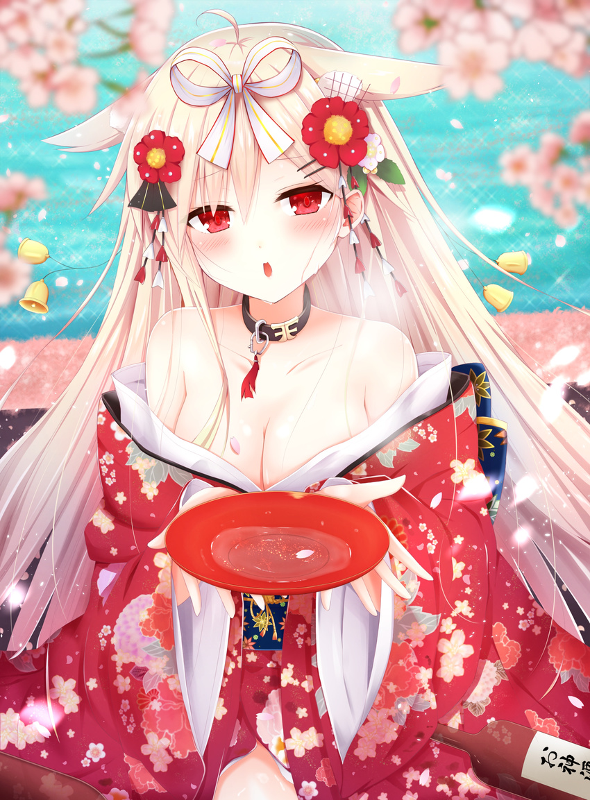 absurdres ahoge alcohol bell blonde_hair blush bottle breasts cherry_blossoms cleavage collar cup drunk flower hair_flaps hair_flower hair_ornament hair_ribbon hairclip highres japanese_clothes kantai_collection kimono long_hair long_sleeves looking_at_viewer medium_breasts off_shoulder open_mouth petals red_eyes remodel_(kantai_collection) ribbon sakazuki sake sake_bottle solo wide_sleeves yamiarisu yuudachi_(kantai_collection)
