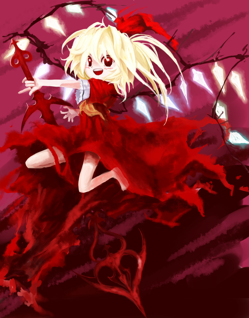 :d absurdres ascot asymmetrical_wings bangs bare_legs barefoot blonde_hair blush diamond_(shape) dress flandre_scarlet flat_chest gem hair_between_eyes hair_ribbon highres holding holding_spear holding_weapon koumajou_densetsu laevatein legs_apart long_hair looking_at_viewer official_style oota_jun'ya_(style) open_mouth orange_neckwear polearm purple_background red_dress red_eyes red_ribbon ribbon short_sleeves side_ponytail smile solo spear teeth tongue torn_clothes torn_dress torn_ribbon touhou weapon wings yuki-ichigo