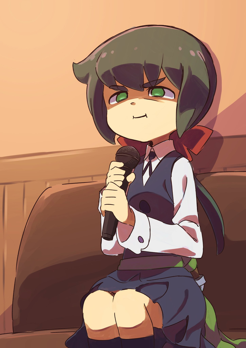 :i blue_legwear blue_skirt blue_vest bow closed_mouth collared_shirt commentary_request constanze_amalie_von_braunschbank-albrechtsberger couch green_eyes green_hair hair_bow highres holding holding_microphone indoors little_witch_academia long_sleeves microphone ponytail pout red_bow shaded_face shirt short_hair sitting skirt socks solo tama_(tama-s) vest wing_collar