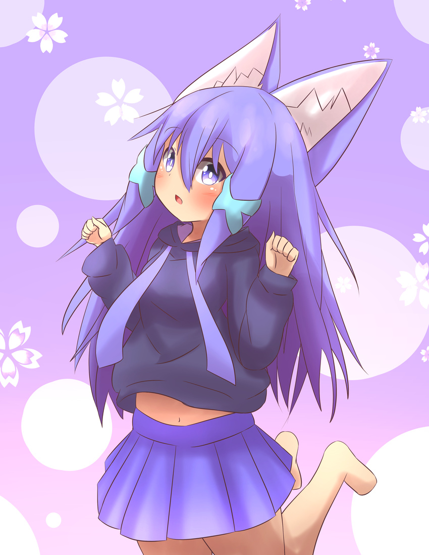 absurdres animal_ears bangs barefoot black_hoodie blue_skirt blush commentary_request eyebrows_visible_through_hair fox_ears hair_between_eyes hair_ornament hands_up head_tilt highres hood hood_down hoodie idaten93 long_hair long_sleeves looking_at_viewer midriff_peek navel original parted_lips pleated_skirt purple_eyes purple_hair sidelocks skirt solo till_(idaten93) very_long_hair x_hair_ornament