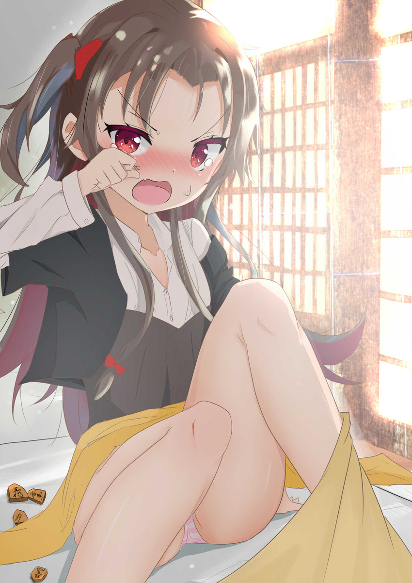 :o blush board_game brown_hair cac_itinose child crying highres indoors long_hair on_bed panties pantyshot red_eyes ryuuou_no_oshigoto! shougi sidelocks sitting solo striped striped_panties underwear yashajin_ai