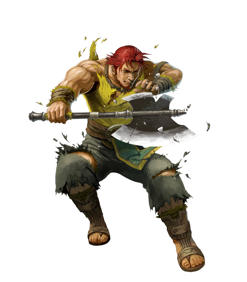armband axe bare_arms beard belt brown_eyes collarbone damaged dorcas_(fire_emblem) facial_hair fire_emblem fire_emblem:_rekka_no_ken fire_emblem_heroes green_pants highres holding holding_axe holding_weapon ippei_soeda lips male_focus muscle nose official_art pants realistic red_hair sandals serious shirt solo tank_top toenails toes tomahawk torn_clothes torn_pants torn_shirt weapon wristband yellow_shirt