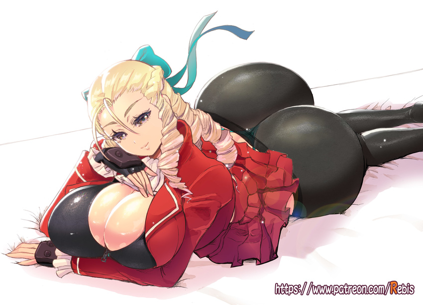 alone ass blonde_hair bra breasts brown_eyes butt_crack cleavage curly_hair drill_hair female fingerless_gloves gloves hips huge_ass huge_breasts kanzuki_karin large_ass large_breasts laying laying_down laying_on_bed looking_at_viewer panties pantyhose rebis red_dress ribbon see-through simple_background skirt smile solo street_fighter string_panties tagme white_background wide_hips zipper