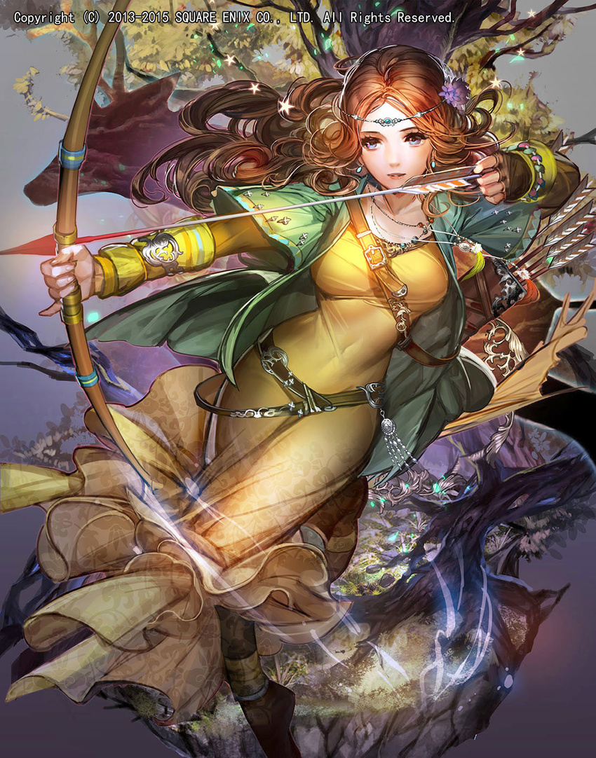 aiming arrow bangs belt blue_eyes boots bow_(weapon) breasts brown_footwear brown_hair circlet covered_navel deer dress emperors_saga fingerless_gloves fingernails flower gloves green_jacket hair_flower hair_ornament highres holding holding_weapon jacket jewelry large_breasts liduke long_dress long_hair looking_afar necklace official_art parted_bangs parted_lips pinky_out single_fingerless_glove single_glove solo standing standing_on_one_leg tree watermark weapon yellow_dress