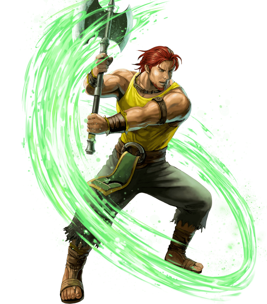 armband axe bare_arms beard belt brown_eyes collarbone dorcas_(fire_emblem) energy facial_hair fire_emblem fire_emblem:_rekka_no_ken fire_emblem_heroes green_pants highres holding holding_axe holding_weapon ippei_soeda lips male_focus muscle nose official_art open_mouth pants realistic red_hair sandals serious shirt solo tank_top teeth tomahawk weapon wristband yellow_shirt