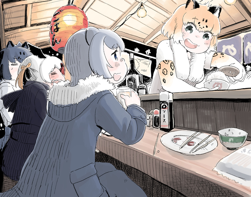 :d =_= adapted_costume alcohol animal_ears bangs bartender black_jaguar_(kemono_friends) blue_eyes blush bottle bowl chopsticks coat commentary_request cup drinking_glass drunk elbow_gloves eyebrows_visible_through_hair food fur_trim glass gloves grey_eyes hare_(tetterutei) head_wings highres holding holding_cup hood hood_down indoors jaguar_(kemono_friends) jaguar_ears japari_symbol kemono_friends lantern light_bulb long_sleeves looking_at_another multiple_girls open_mouth orange_hair otter_ears pantyhose paper_lantern plate pouring pub rice sharp_teeth shirt short_sleeves sideways_mouth sign sitting small-clawed_otter_(kemono_friends) smile sweatdrop table teeth towel towel_around_neck tufted_puffin_(kemono_friends) white_shirt