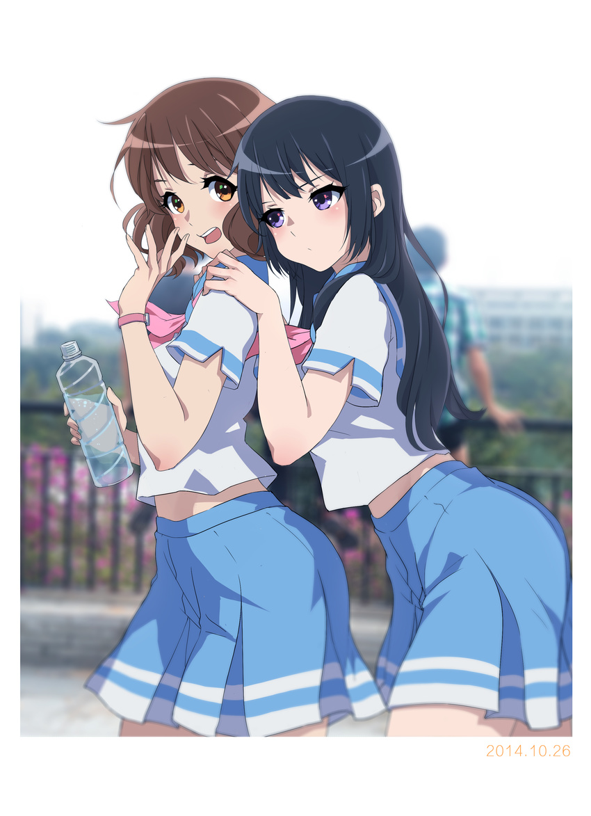 2girls :/ ;d absurdres bangs black_hair blurry blurry_background blush bottle brown_eyes brown_hair cowboy_shot dated day depth_of_field eyelashes hand_on_another's_shoulder hibike!_euphonium highlights highres holding holding_bottle kousaka_reina leaning_forward long_hair looking_at_viewer looking_to_the_side multicolored_hair multiple_girls neckerchief one_eye_closed open_mouth oumae_kumiko outdoors outside_border pink_neckwear purple_eyes railing round_teeth school_uniform serafuku shirt short_hair short_sleeves smile standing tareme teeth watch water water_bottle waving white_shirt worst_(am-worst) wristwatch