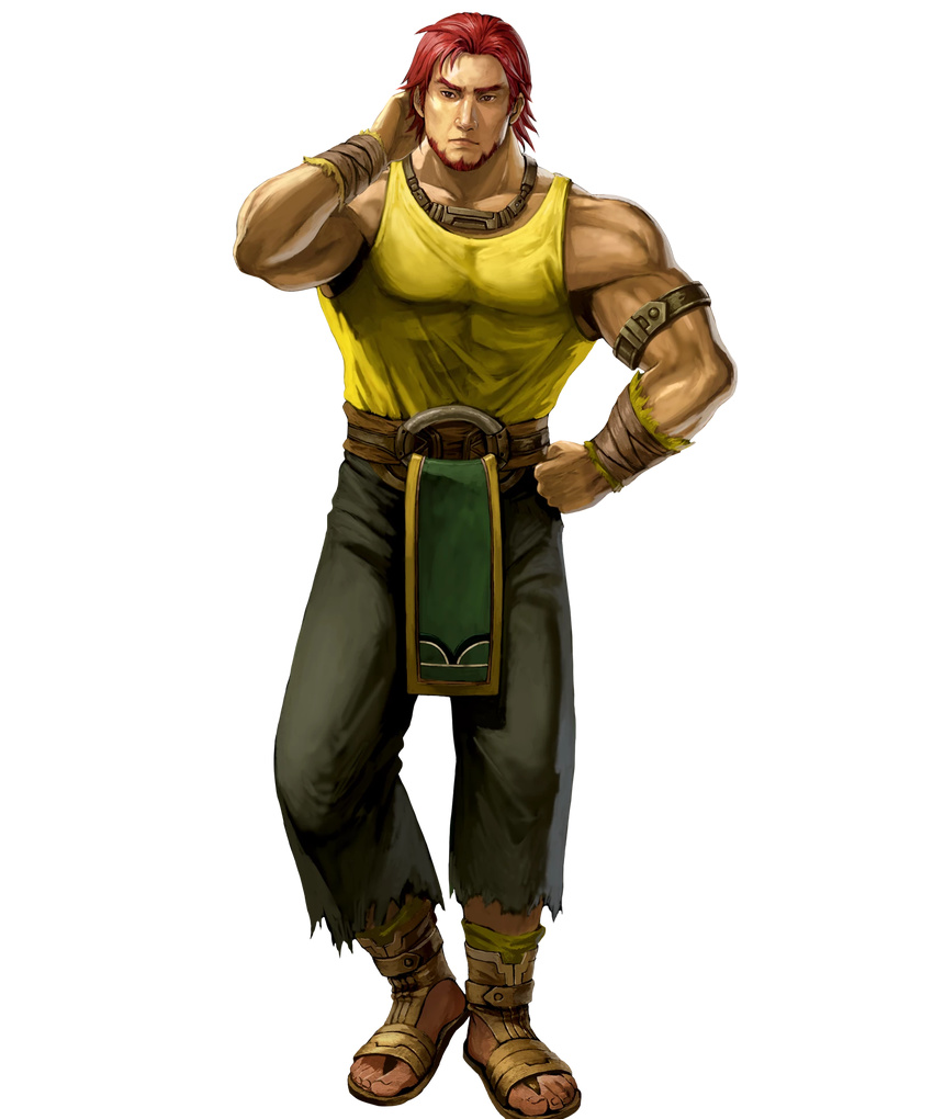 armband bare_arms beard belt brown_eyes collarbone dorcas_(fire_emblem) expressionless eyebrows facial_hair fire_emblem fire_emblem:_rekka_no_ken fire_emblem_heroes green_pants hand_behind_head hand_on_hip highres ippei_soeda lips loincloth male_focus muscle nose official_art pants realistic red_hair sandals shirt solo tank_top toenails toes wristband yellow_shirt