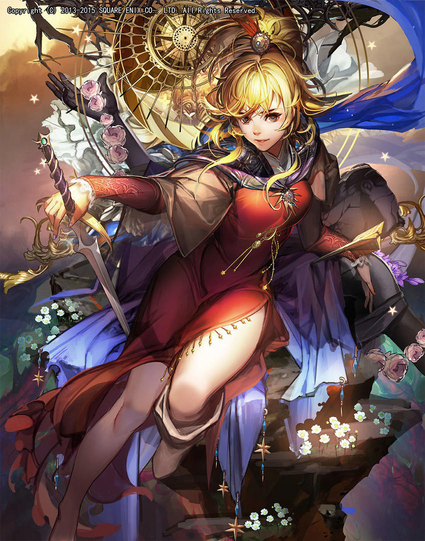 bangs blonde_hair blue_scarf boots brown_eyes cape dress emperors_saga flower grey_footwear hand_on_hilt highres holding holding_sword holding_weapon liduke long_sleeves looking_at_viewer official_art red_dress rock rose scarf single_boot sitting smile solo sword watermark weapon