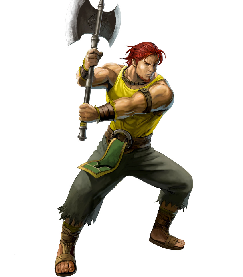 armband axe bare_arms beard belt brown_eyes collarbone dorcas_(fire_emblem) facial_hair fire_emblem fire_emblem:_rekka_no_ken fire_emblem_heroes green_pants highres holding holding_axe holding_weapon ippei_soeda lips male_focus muscle nose official_art pants realistic red_hair sandals serious shirt solo tank_top toenails toes tomahawk weapon wristband yellow_shirt