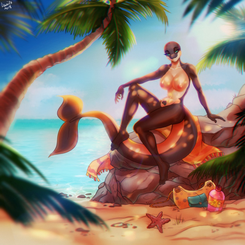 anthro beach big_breasts breasts cetacean eyelashes female green_eyes lana_(arnethorn) leonifa looking_at_viewer mammal marine nude orca outside palm_trees rock sand seaside sitting solo tail-fin thick_tail tree tropical water whale