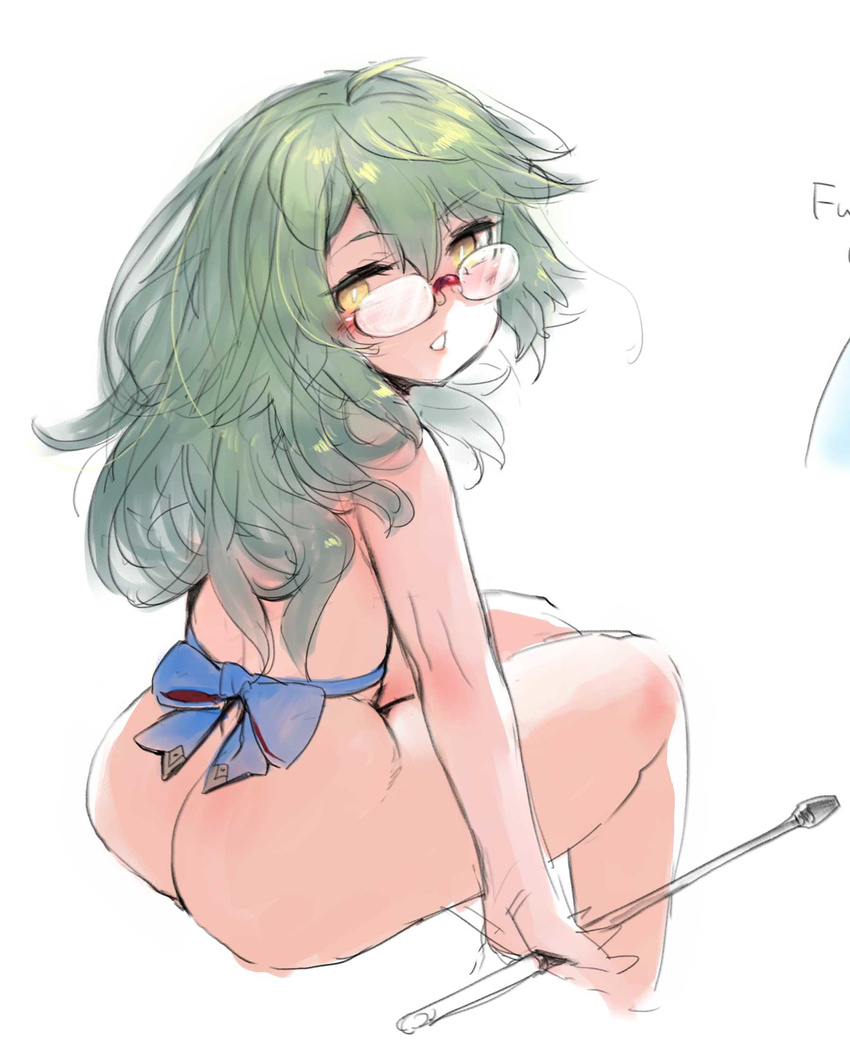 ahoge anchors ass azur_lane bangs blue_bow blush bow bright_pupils convenient_arm glasses green_hair hair_between_eyes hair_down highres holding langley_(azur_lane) long_hair looking_away looking_back looking_to_the_side messy_hair nude red-framed_eyewear riding_crop rimless_eyewear simple_background sitting solo white_background white_pupils yellow_eyes