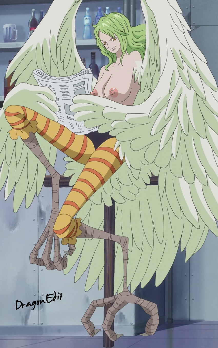 1girl areolae bottle breasts donquixote_pirates erect_nipples female green_hair harpybar highres long_hair monet_(one_piece) monster_girl newspaper nipples nude nude_filter one_piece photoshop reading screencap sitting solo stitched wings yellow_eyes