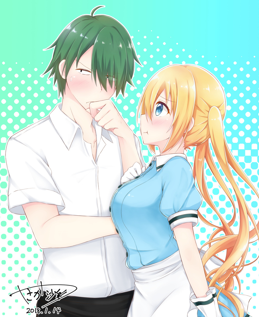 1girl :t absurdres akizuki_kouyou annoyed apron aqua_background artist_name blend_s blonde_hair blue_eyes blush breasts closed_mouth collared_shirt commentary_request dated dress eyes_visible_through_hair green_hair hair_over_one_eye half-closed_eyes hand_to_own_mouth highres hinata_kaho large_breasts looking_away polka_dot polka_dot_background pout profile puffy_short_sleeves puffy_sleeves shirt short_sleeves shy signature simple_background stile_uniform sweatdrop twintails waitress yasaka_(astray_l)