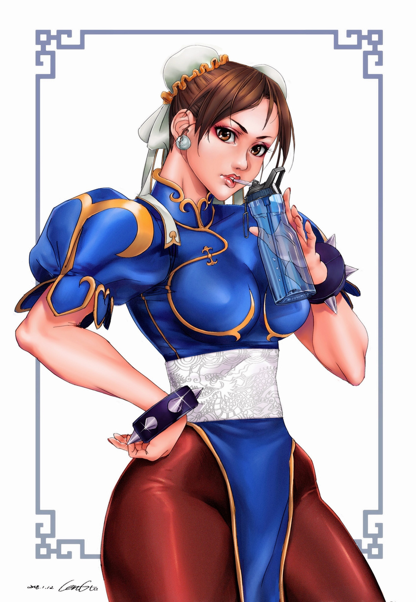 absurdres blue_dress bottle bracelet breasts brown_eyes brown_hair brown_legwear bun_cover china_dress chinese_clothes chun-li commentary_request double_bun dress earrings eyeshadow gtolin_chang hand_on_hip highres jewelry lips looking_at_viewer makeup medium_breasts pantyhose pelvic_curtain puffy_short_sleeves puffy_sleeves refraction sash short_sleeves slender_waist solo spiked_bracelet spikes street_fighter thick_thighs thighs water_bottle