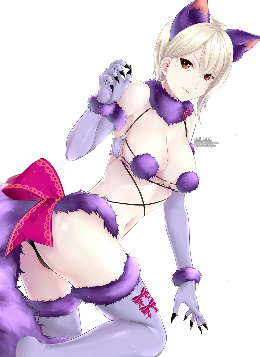 alternate_costume animal_ears ass breasts claws cleavage cosplay dangerous_beast fate/grand_order fate_(series) fur-trimmed_gloves fur-trimmed_legwear fur_collar fur_trim gloves halloween_costume highres kneeling large_breasts looking_at_viewer looking_back mash_kyrielight mash_kyrielight_(cosplay) nakiri_alice navel o-ring o-ring_top purple_gloves purple_legwear rei_kun revealing_clothes shokugeki_no_souma simple_background smile solo strap_gap tail watermark web_address white_background wolf_ears wolf_tail