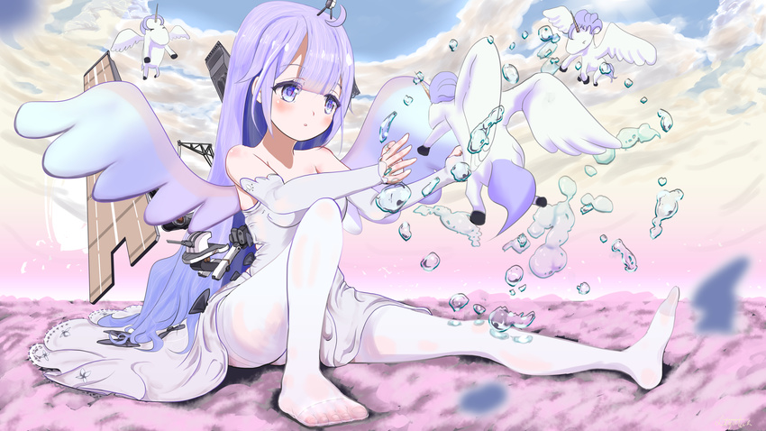 :o absurdres ahoge alicorn animal azur_lane bangs bare_shoulders black_bow blue_sky bow cannon cloud cloudy_sky commentary_request crane detached_sleeves dress eyebrows_visible_through_hair flight_deck hair_between_eyes hair_ornament highres long_hair long_sleeves no_shoes pantyhose parted_lips purple_eyes purple_hair purple_wings see-through sidelocks signature sitting sky sleeves_past_wrists solo stopflow strapless strapless_dress toenails turret unicorn_(azur_lane) very_long_hair white_dress white_legwear wings