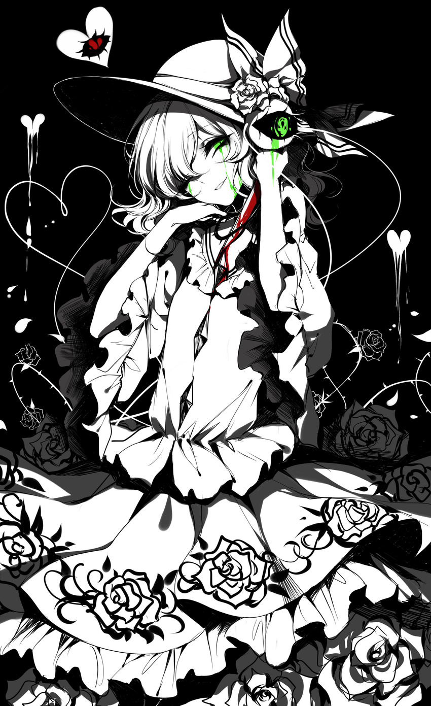 absurdres black_background blood bloody_knife bloody_tears bow commentary eyebrows_visible_through_hair floral_print flower frills green_blood green_eyes grin hat hat_bow hat_flower head_tilt heart heart_of_string highres holding holding_knife knife komeiji_koishi limited_palette long_sleeves looking_at_viewer one_eye_closed petticoat rose sheya shirt short_hair simple_background skirt smile spot_color thorns touhou wide_sleeves
