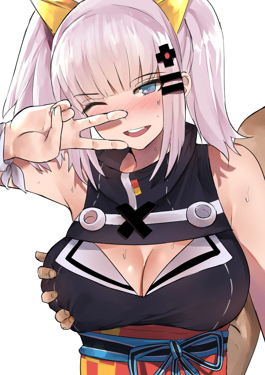 1girl ;d bangs blunt_bangs blush breast_grab breasts cleavage cleavage_cutout eyebrows_visible_through_hair fang grabbing groping hair_ornament hairclip half-closed_eyes highres kaguya_luna kaguya_luna_(character) large_breasts looking_at_viewer norman_maggot one_eye_closed open_mouth salute simple_background smile solo_focus sweat teeth twintails two-finger_salute upper_body v virtual_youtuber white_background
