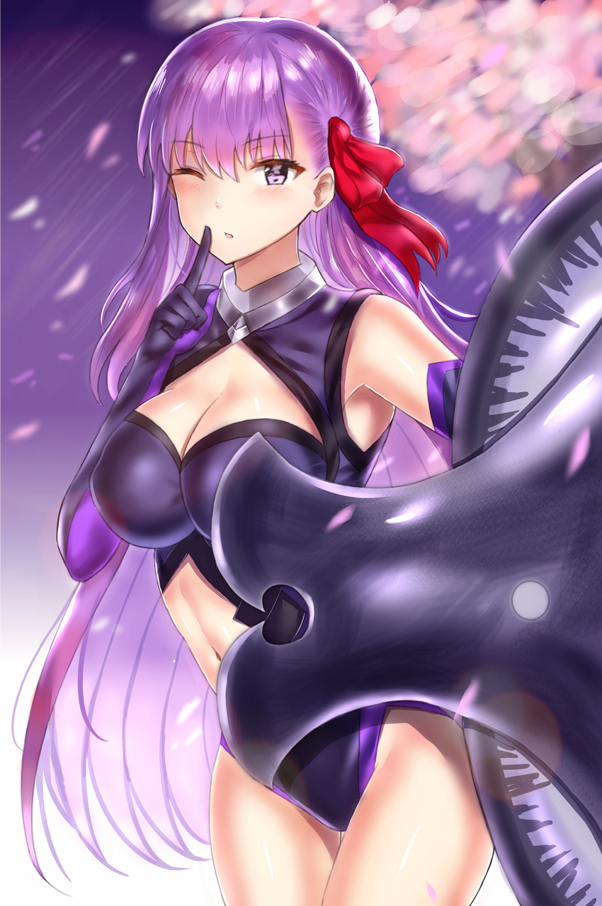 ;o absurdres armpits bad_id bad_pixiv_id bangs bare_shoulders bb_(fate)_(all) bb_(fate/extra_ccc) black_gloves black_leotard blurry blurry_background blush breasts cleavage cleavage_cutout cosplay cowboy_shot elbow_gloves eyebrows_visible_through_hair farys_(afopahqfw) fate/extra fate/extra_ccc fate/grand_order fate_(series) finger_to_mouth gloves hair_ribbon highres holding_shield index_finger_raised large_breasts lens_flare leotard long_hair looking_at_viewer mash_kyrielight mash_kyrielight_(cosplay) navel navel_cutout one_eye_closed open_mouth petals purple_eyes purple_hair red_ribbon ribbon shield shiny shiny_skin shushing solo standing straight_hair thigh_gap thighs tree very_long_hair
