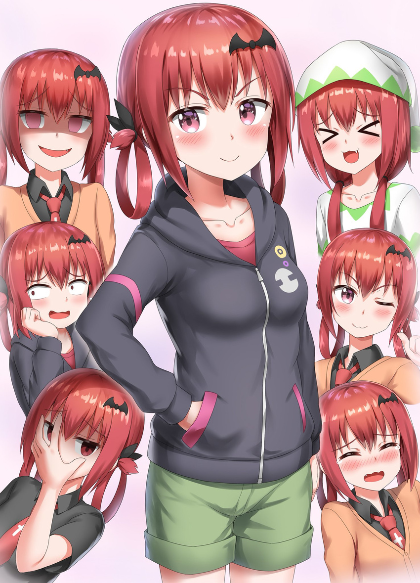 &gt;_&lt; :3 :d ;3 arm_support bangs bat_hair_ornament black_hoodie black_ribbon black_shirt blush breasts cardigan closed_mouth collarbone collared_shirt commentary_request cowboy_shot empty_eyes evil_smile expressions eyebrows_visible_through_hair fang gabriel_dropout green_shorts hair_between_eyes hair_ornament hair_ribbon hair_rings hand_in_pocket hand_over_face hat head_tilt highres hood hood_down hoodie kurumizawa_satanichia_mcdowell long_hair looking_at_viewer looking_away looking_to_the_side multiple_views necktie nedia_(nedia_region) nightcap open_mouth pajamas pink_background pointing pointing_at_self purple_eyes red_hair red_neckwear ribbon school_uniform shaded_face shirt short_shorts shorts simple_background small_breasts smile tears v-shaped_eyebrows wavy_mouth white_hat white_shirt xd