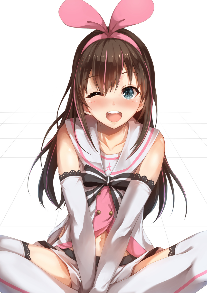 ;d a.i._channel bangs bare_shoulders black_bow blue_eyes blush bow brown_hair collarbone detached_sleeves double-breasted eyebrows_visible_through_hair feet_out_of_frame hairband highres indian_style kizuna_ai konkito lace lace-trimmed_thighhighs long_hair long_sleeves looking_at_viewer miniskirt navel one_eye_closed open_mouth pink_hair pink_hairband round_teeth school_uniform serafuku simple_background sitting skirt smile solo spread_legs straight_hair teeth thighhighs tile_floor tiles two_side_up v_arms white_background white_legwear white_skirt