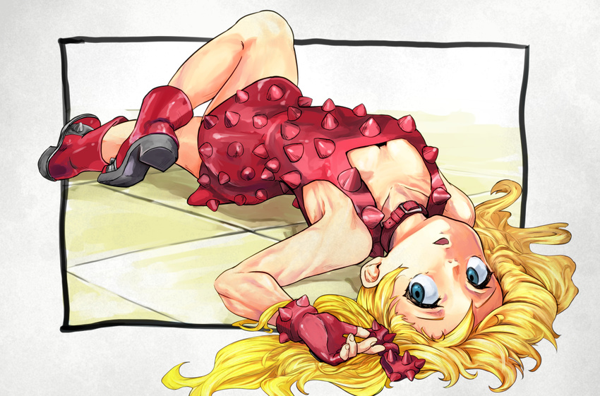 ass bare_shoulders blonde_hair blue_eyes bokkusu boots bracelet breasts collar dress effie fingerless_gloves full_body gloves jewelry leg_up lying medium_breasts on_back open_mouth red_dress red_footwear red_gloves short_dress solo spiked_boots spiked_bracelet spikes street_fighter street_fighter_iii_(series) twintails