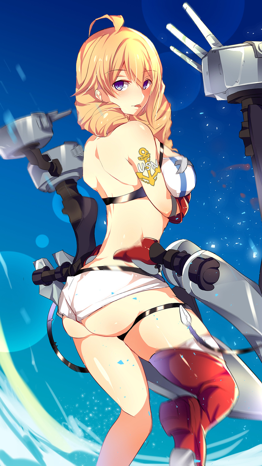 1girl :p azur_lane bare_back bikini blonde_hair blue_eyes blush chicago_(azur_lane) long_hair sky smile solo swimsuit tattoo tongue