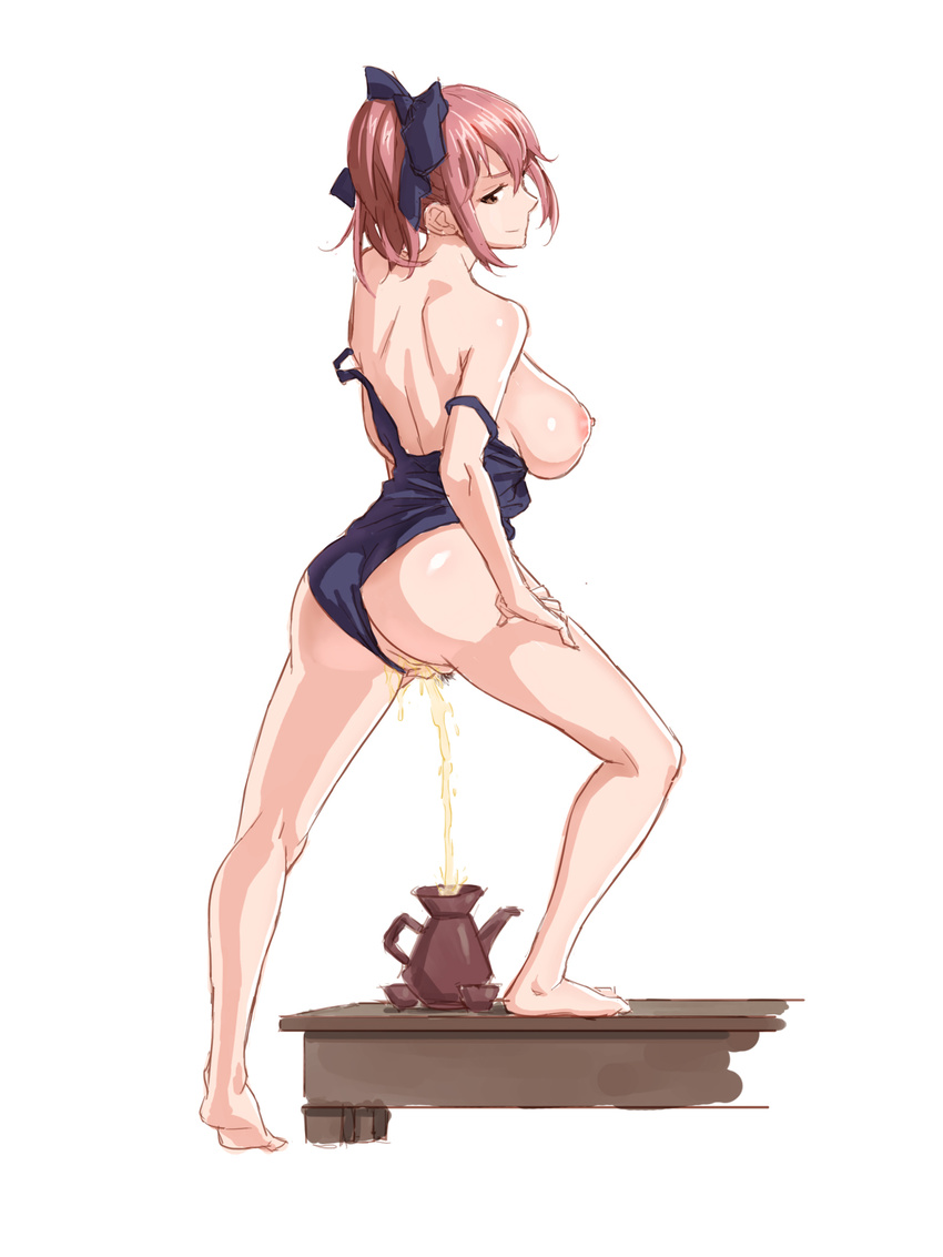 ass barefoot blue_swimsuit bow breasts brown_eyes cup hair_bow highres kettle large_breasts looking_back maken-ki! nipples one-piece_swimsuit partially_undressed pee peeing pink_hair ponytail profile pubic_hair rokujou_minori simple_background smile solo swimsuit swimsuit_aside white_background zjl_baiqishi
