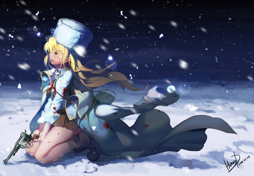 bare_legs belt black_gloves black_legwear blonde_hair blood blood_on_face blood_on_leg bloody_clothes bloody_weapon boots brooch brown_belt brown_footwear brown_skirt buckle bullet_hole commentary dated deep_wound fingerless_gloves floating_hair from_side full_body fur_hat fur_trim girls_frontline gloves gun hair_between_eyes half-closed_eyes hat henry_davis highres holding holding_gun holding_weapon holster injury jacket jacket_on_shoulders jewelry jumping kneeling long_hair long_sleeves nagant_m1895 nagant_revolver_(girls_frontline) night night_sky off_shoulder outdoors parted_lips pleated_skirt purple_ribbon red_eyes red_ribbon ribbon sad shirt signature skirt sky smile snow snowing solo somber thigh_strap torn_clothes ushanka weapon white_hat white_jacket white_shirt wind wind_lift