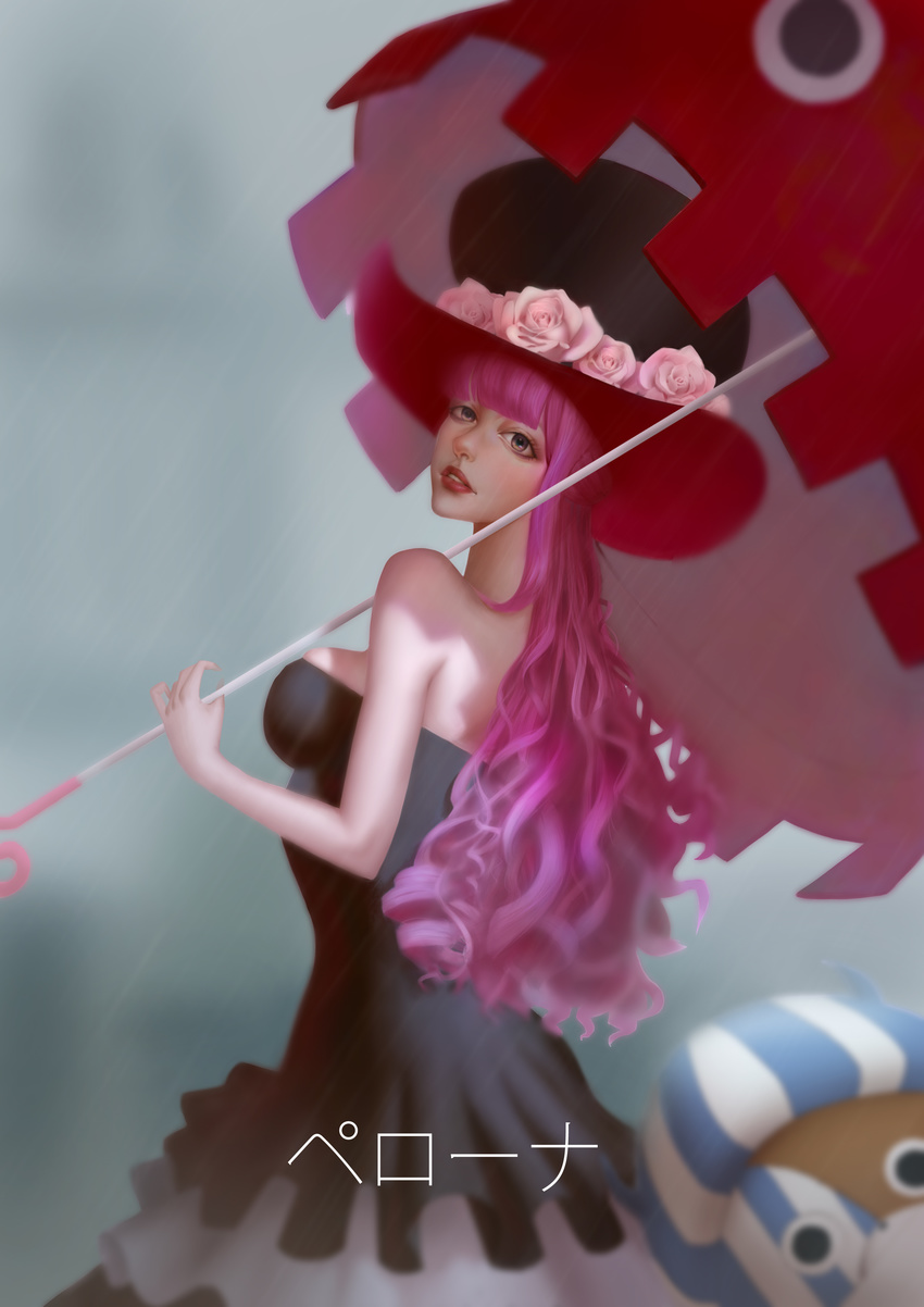 1girl bare_shoulders breasts brown_eyes dress flower hat large_breasts lipstick long_hair looking_at_viewer makeup one_piece perona pink_hair solo top_hat umbrella