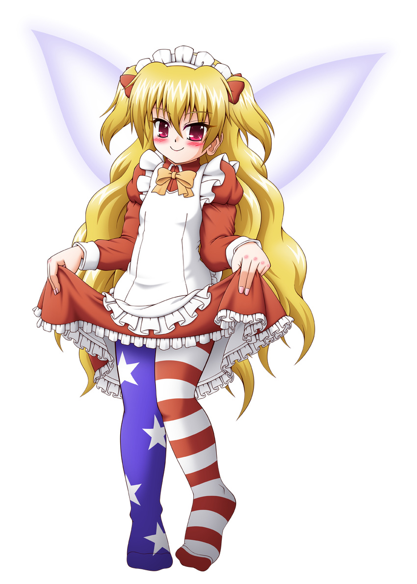 alternate_costume alternate_hairstyle american_flag american_flag_legwear american_flag_print apron asymmetrical_clothes asymmetrical_legwear bangs blonde_hair blush bow bowtie breasts c: closed_mouth clownpiece collared_dress commentary_request dress dress_lift enmaided eyebrows eyebrows_visible_through_hair eyelashes fairy fairy_wings fingernails flag_print frilled_apron frilled_dress frills full_body hair_between_eyes hair_ribbon highres kappei knees_together_feet_apart lifted_by_self lips long_hair maid maid_apron maid_headdress multicolored multicolored_clothes multicolored_legwear orange_bow orange_neckwear pantyhose pink_eyes red_dress red_ribbon ribbon shiny shiny_hair small_breasts smile solo standing star star_print striped striped_legwear touhou transparent_background tsurime two_side_up very_long_hair wavy_hair white_apron wings