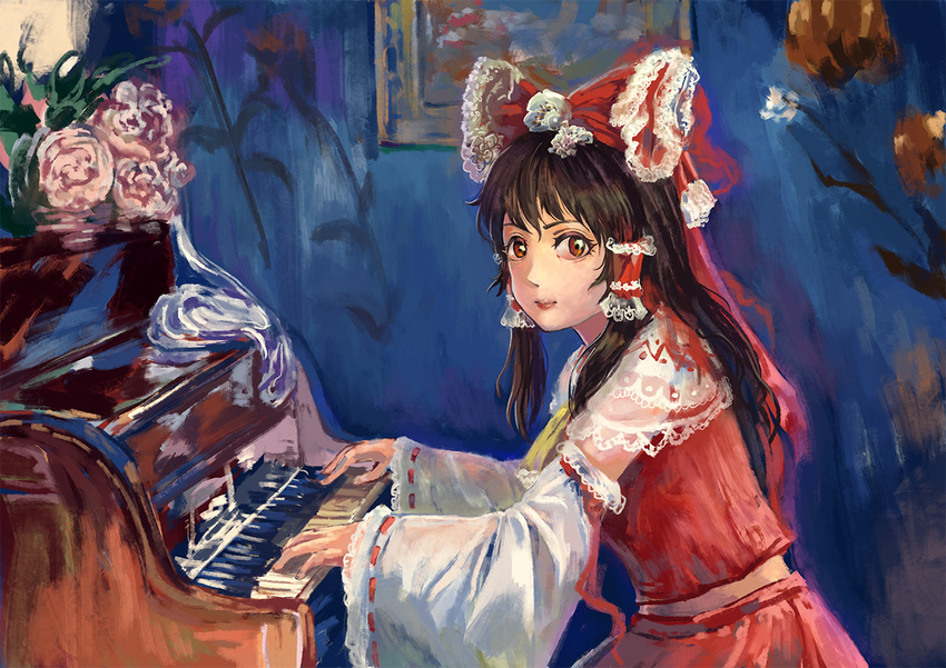 amibazh black_hair bow brown_eyes commentary detached_sleeves faux_traditional_media fine_art_parody flower hair_bow hair_tubes hakurei_reimu indoors instrument lace long_hair looking_at_viewer looking_to_the_side midriff music parody piano picture_(object) playing_instrument playing_piano rose sidelocks smile solo touhou