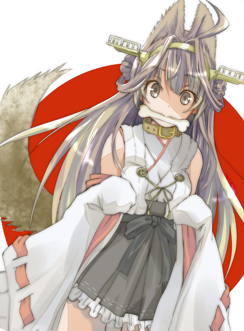 ahoge animal_ears bare_shoulders bone breasts brown_eyes brown_hair chicken99 collar commentary_request detached_sleeves dog_collar dog_ears dog_tail double_bun eyebrows_visible_through_hair frilled_skirt frills hairband headgear highres japanese_clothes kantai_collection kemonomimi_mode kongou_(kantai_collection) long_hair looking_at_viewer medium_breasts mouth_hold nontraditional_miko remodel_(kantai_collection) ribbon-trimmed_sleeves ribbon_trim skirt solo tail