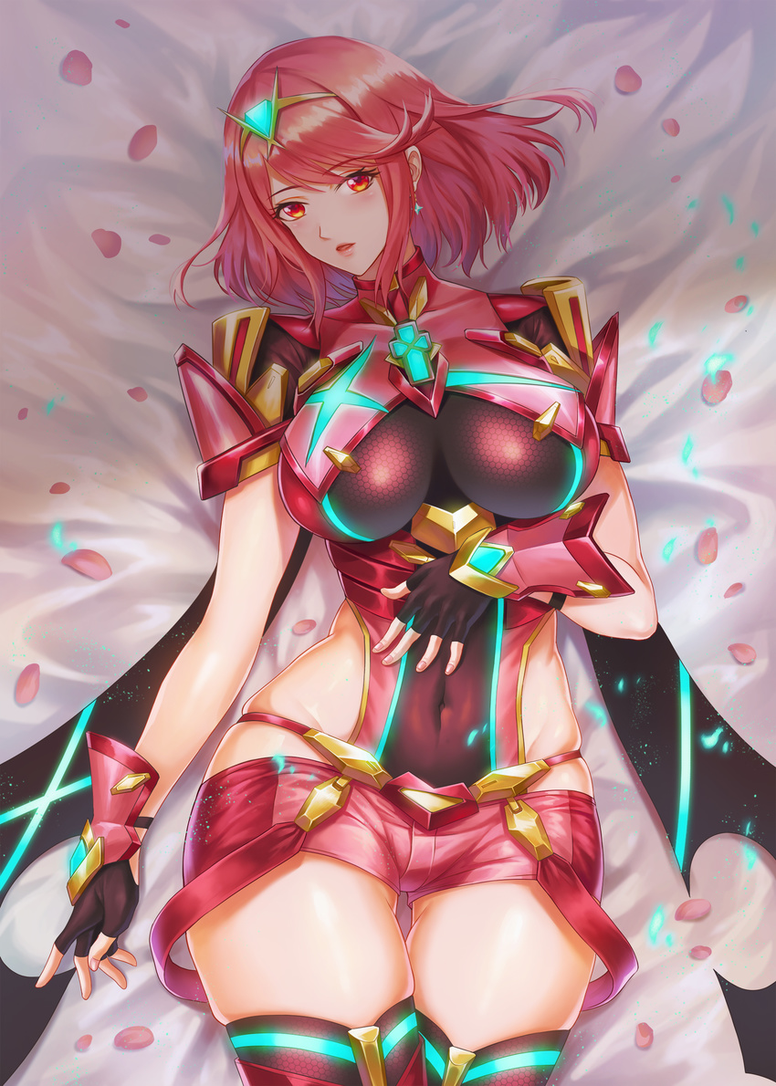 absurdres bed blush breasts covered_navel earrings eyebrows_visible_through_hair fingerless_gloves gloves hair_ornament highres homura_(xenoblade_2) jewelry large_breasts looking_at_viewer parted_lips pengnangehao petals red_eyes red_hair short_hair shorts sidelocks simple_background smile solo tiara xenoblade_(series) xenoblade_2