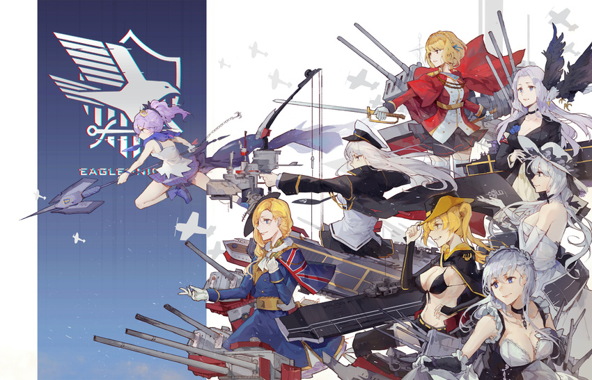 aiming azur_lane bangs bare_shoulders belfast_(azur_lane) bikini_top black_bikini_top black_choker black_jacket blonde_hair blue_eyes blue_hair blue_jacket bow_(weapon) braid breasts cannon cape chain choker cleavage closed_mouth collar commentary_request cowboy_shot elbow_gloves enterprise_(azur_lane) eyebrows_visible_through_hair flight_deck gloves grin hair_ornament hair_over_shoulder hat highres holding holding_sword holding_weapon hood_(azur_lane) hornet_(azur_lane) illustrious_(azur_lane) jacket javelin_(azur_lane) kuroduki_(pieat) lance large_breasts long_hair long_sleeves machinery maid metal_collar military military_uniform multiple_girls navel parted_lips polearm prince_of_wales_(azur_lane) purple_hair sash shirt short_hair smile sun_hat sword uniform waist_cape weapon white_gloves white_shirt yorktown_(azur_lane)
