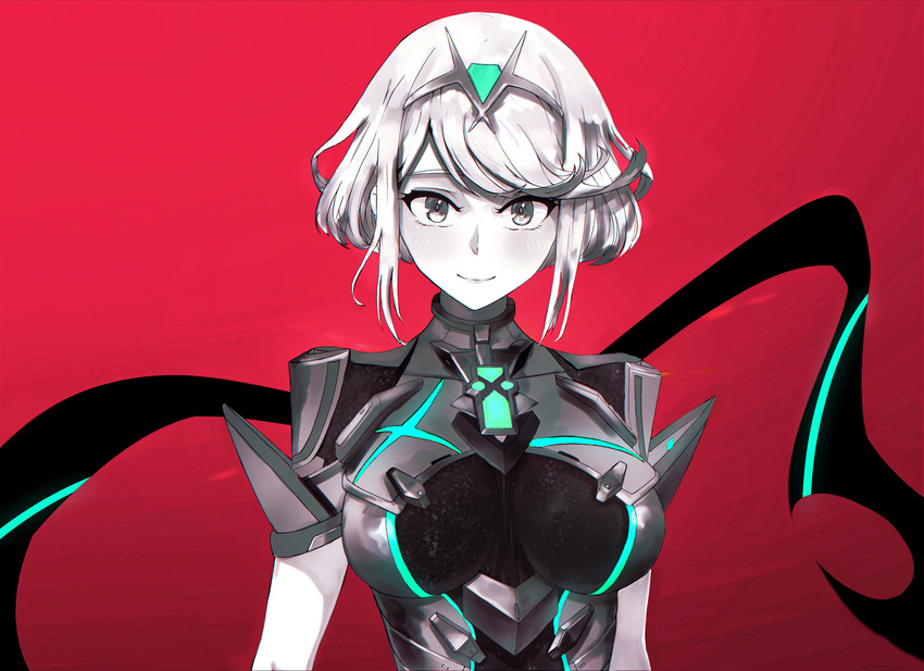 blush breasts earrings hair_ornament highres homura_(xenoblade_2) jewelry large_breasts looking_at_viewer monochrome murasaki_saki short_hair simple_background smile solo tiara xenoblade_(series) xenoblade_2