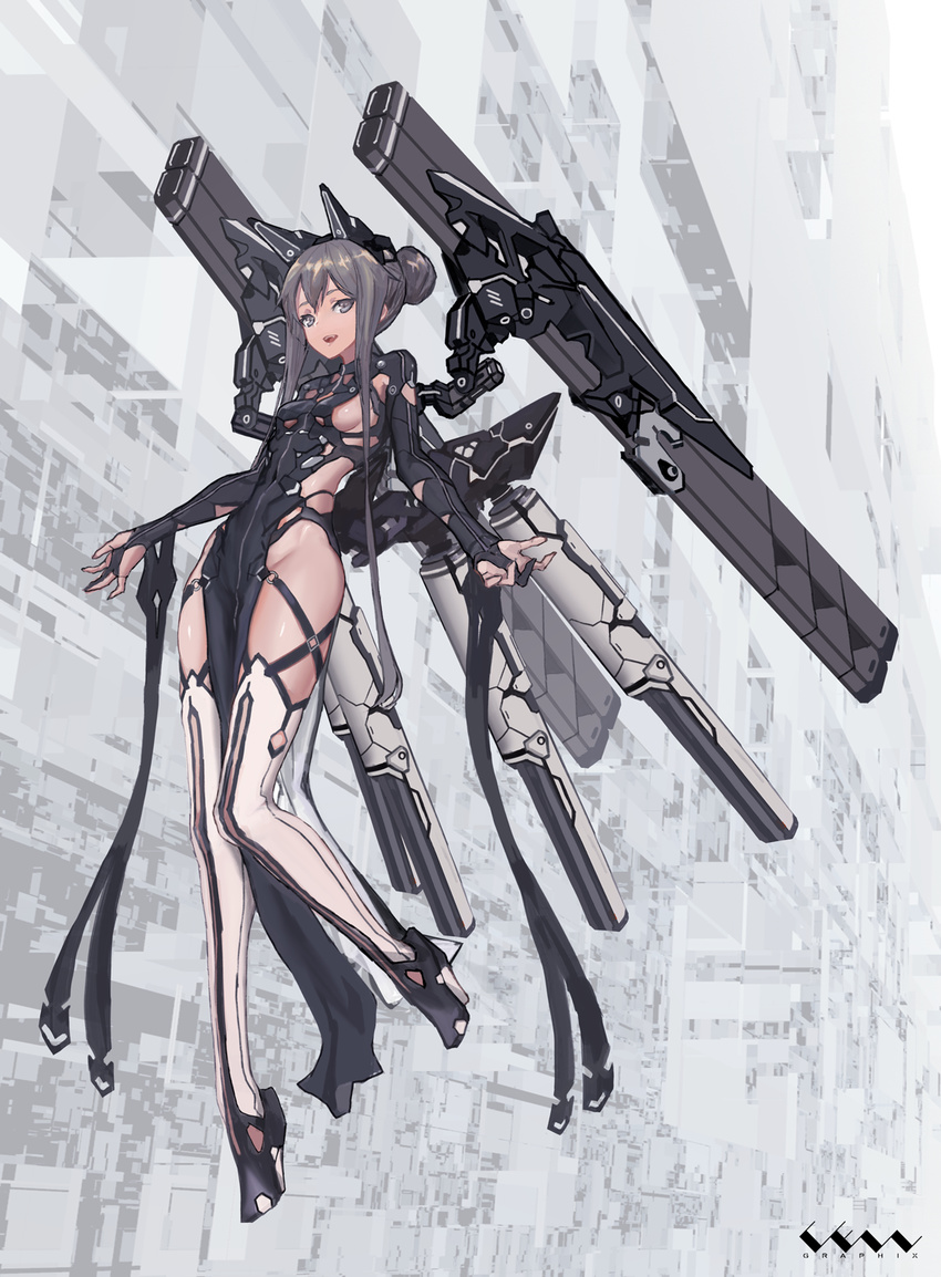 black_eyes black_hair breasts cancell elbow_gloves gloves headgear highres mecha_musume medium_breasts open_mouth original pelvic_curtain science_fiction short_hair_with_long_locks solo thighhighs underboob