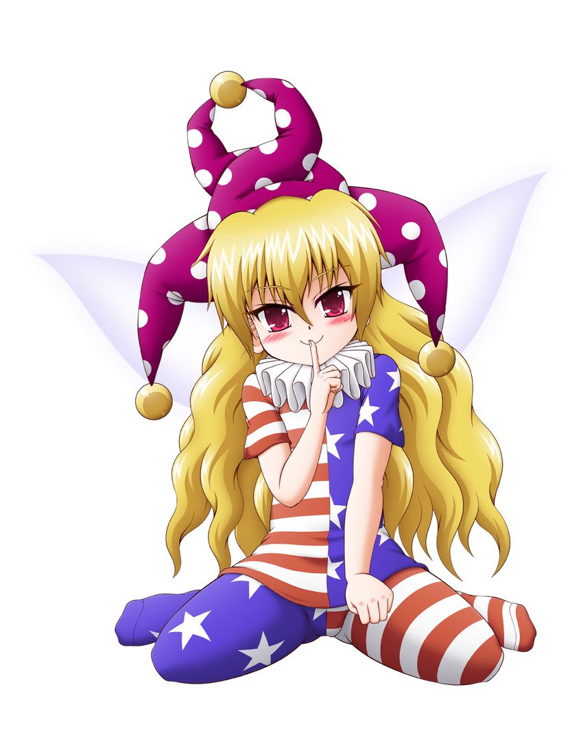 american_flag american_flag_dress american_flag_print ass_visible_through_thighs asymmetrical_clothes asymmetrical_legwear bangs between_legs blonde_hair blush breasts c: closed_mouth clownpiece commentary_request dress eyebrows eyebrows_visible_through_hair eyelashes fairy fairy_wings finger_to_mouth fingernails flag_print full_body hair_between_eyes hand_between_legs hat head_tilt highres jester_cap kappei legs_apart long_hair looking_at_viewer multicolored multicolored_clothes multicolored_dress multicolored_legwear neck_ruff pantyhose pink_eyes polka_dot polka_dot_hat purple_hat shiny shiny_hair short_dress short_sleeves sitting small_breasts smile solo star star_print striped striped_dress striped_legwear touhou transparent_background tsurime very_long_hair wariza wavy_hair wings
