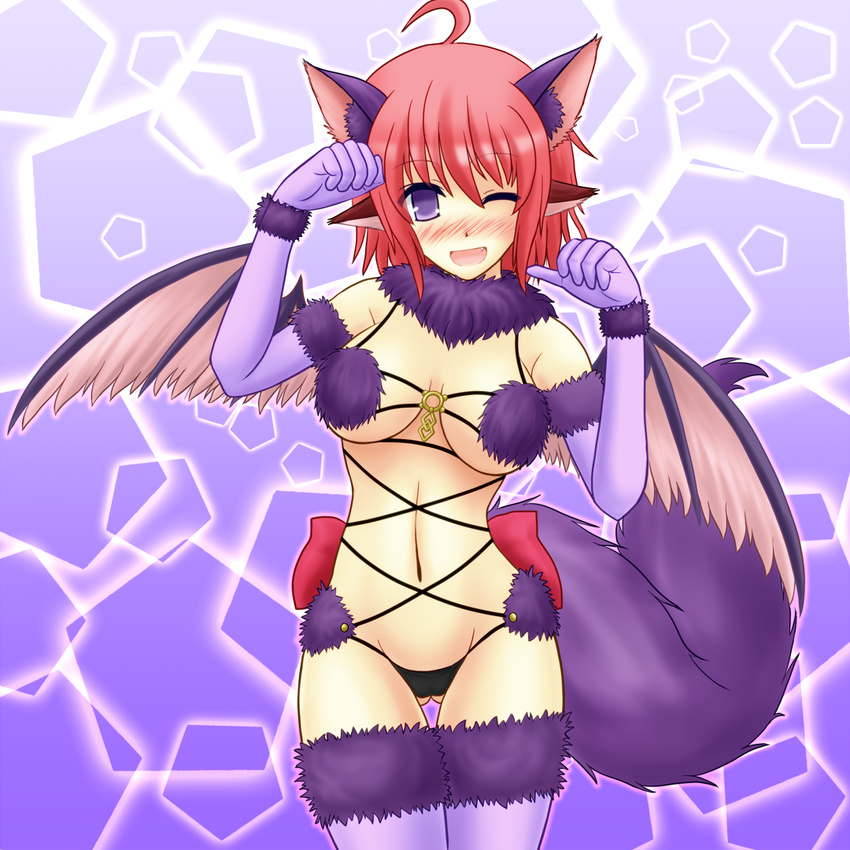 ahoge animal_ears ass_visible_through_thighs bird_wings commentary_request cosplay cowboy_shot dangerous_beast elbow_gloves fang fate/grand_order fate_(series) fur-trimmed_gloves fur-trimmed_legwear fur_collar fur_trim gloves halloween_costume lace lace-trimmed_thighhighs looking_at_viewer mash_kyrielight mash_kyrielight_(cosplay) mystia_lorelei o-ring o-ring_top one_eye_closed open_mouth paw_pose pink_hair purple_eyes purple_gloves purple_legwear revealing_clothes short_hair tail thigh_gap thighhighs touhou wings wolf_ears wolf_tail yani_tama