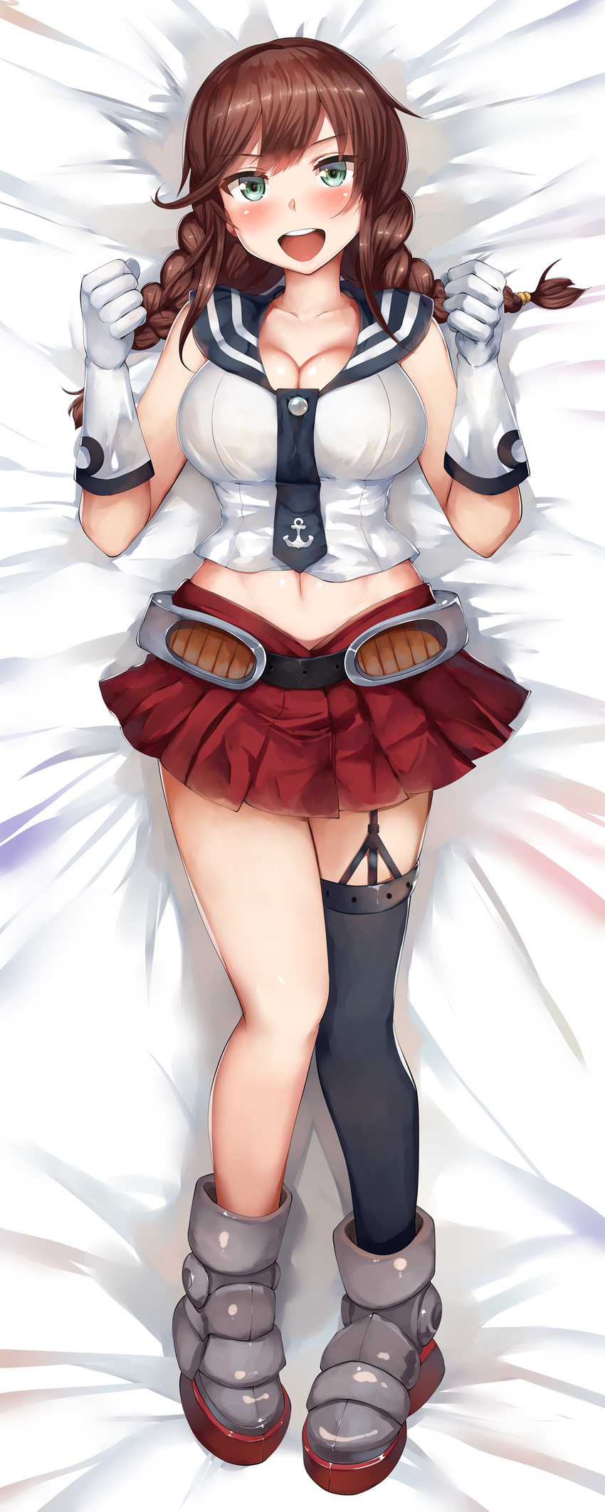 :d absurdres ankle_boots bed_sheet belt blue_neckwear blue_sailor_collar boots braid breasts brown_hair cleavage commentary_request crop_top dakimakura eyebrows_visible_through_hair full_body garter_straps gloves green_eyes grey_footwear hands_up highres kantai_collection large_breasts lolicept long_hair looking_at_viewer lying miniskirt navel necktie noshiro_(kantai_collection) on_back on_bed open_mouth pleated_skirt purple_legwear red_skirt sailor_collar school_uniform serafuku single_thighhigh skirt smile solo thighhighs twin_braids white_gloves