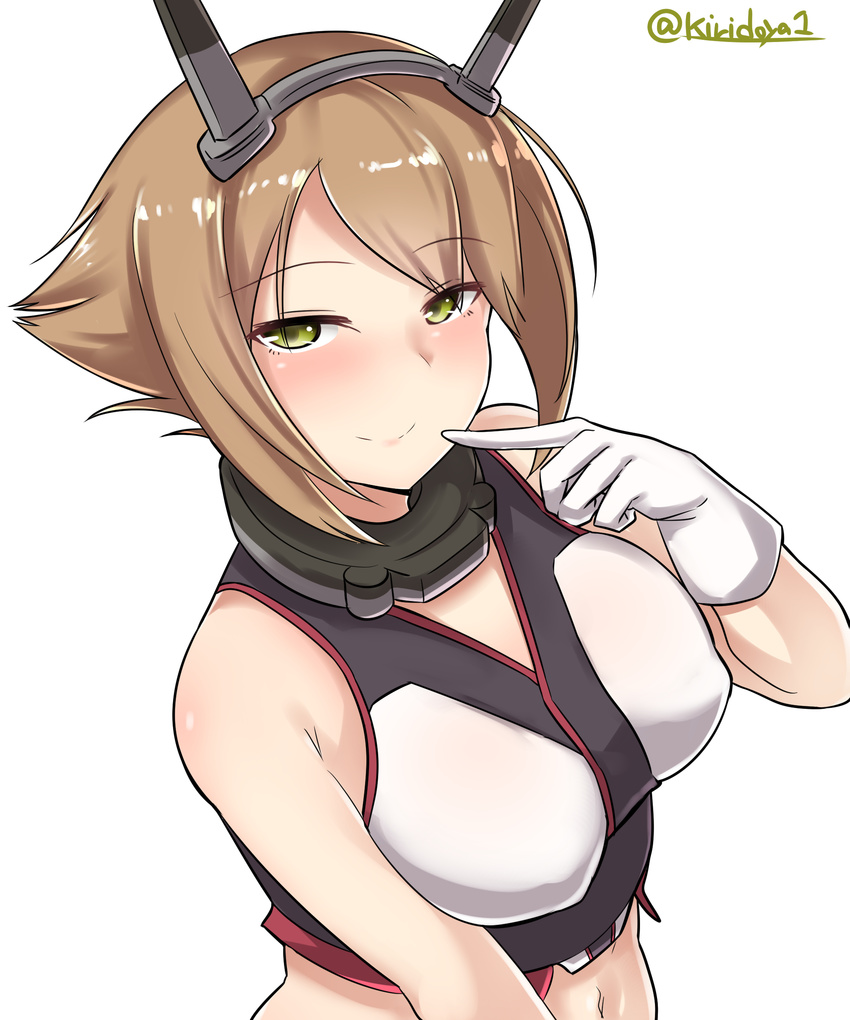 absurdres bangs bare_shoulders breasts brown_hair closed_mouth collar cropped_shirt eyebrows_visible_through_hair flipped_hair from_above gloves green_eyes headgear highres kantai_collection kiritto large_breasts looking_at_viewer mutsu_(kantai_collection) navel short_hair simple_background smile solo twitter_username upper_body white_background white_gloves