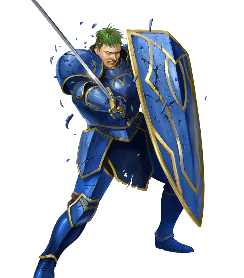 arden_(fire_emblem) armor armored_boots attack belt blue_armor boots broken broken_armor broken_sword broken_weapon brown_eyes cleft_chin clenched_teeth damaged fire_emblem fire_emblem:_seisen_no_keifu fire_emblem_heroes gauntlets greaves green_hair highres holding holding_shield holding_sword holding_weapon ippei_soeda male_focus nose official_art realistic serious shield shoulder_armor solo sword teeth torn_clothes torn_loincloth weapon